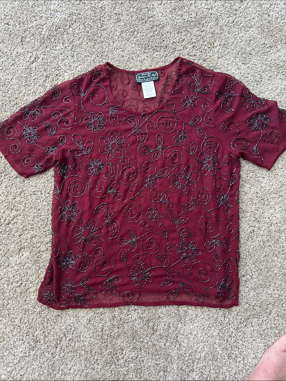 Vintage Beaded Floral Burgundy Short Sleeve Top by Joseph Le Bon